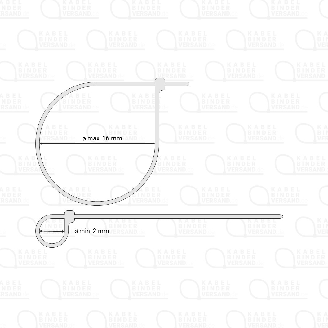 Grafik zum Bündeldurchmesser des Kabelbinders - max. 16 mm, min. 2 mm