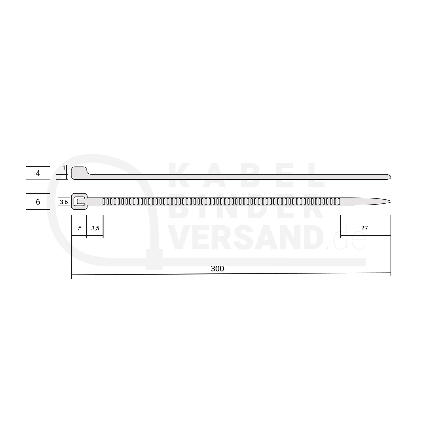 Grafik zu den Abmessungen des Kabelbinder 3.6 x 300